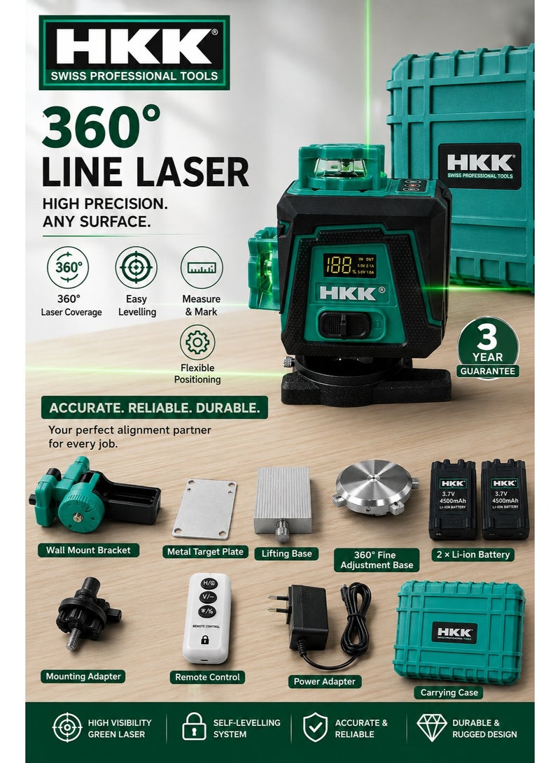 HKK 16-Line Laser Level 515nm Green Beam, ±1mm/7m High Accuracy, Self-Leveling ±3°, IP54 Dust & Water Resistant, 4500mAh Rechargeable Battery, Remote Control & 1/4 Inch Mount - Image 3