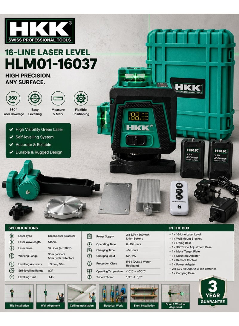 HKK 16-Line Laser Level 515nm Green Beam, ±1mm/7m High Accuracy, Self-Leveling ±3°, IP54 Dust & Water Resistant, 4500mAh Rechargeable Battery, Remote Control & 1/4 Inch Mount - Image 4