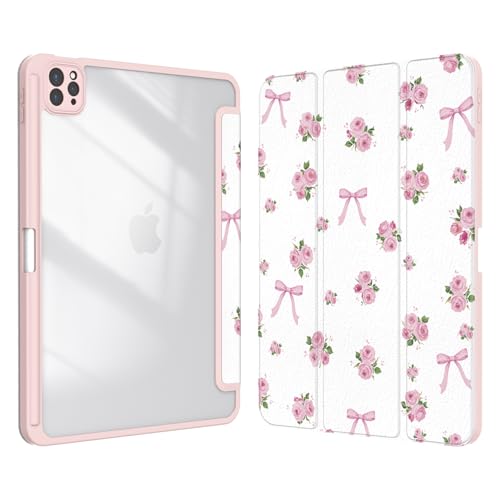 Xkladz Case for iPad Pro 11 inch 4th/ 3rd/ 2nd / 1st Generation (2022/2021/2020/2018), Case with Pencil Holder, Clear Back Cover Cute Cool Design for Women Girls, Auto Sleep/Wake, Bow Rose - Image 1