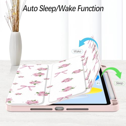 Xkladz Case for iPad Pro 11 inch 4th/ 3rd/ 2nd / 1st Generation (2022/2021/2020/2018), Case with Pencil Holder, Clear Back Cover Cute Cool Design for Women Girls, Auto Sleep/Wake, Bow Rose - Image 4