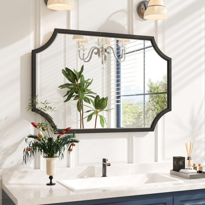 SCALLOPED BLACK BATHROOM MIRROR FOR WALL 24X36 BLACK MIRROR DECORATIVE WALL MIRROR ART FRAMED MIRROR BEVELLED FOR MASTER BATH HALF BATH LIVING ROOM FIREPLACE MANTLE ENTRYWAY HALLWAY
