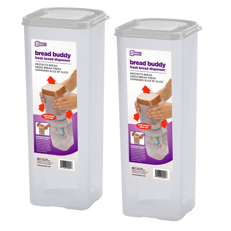 Buddeez Bread Buddy Airtight Bread Storage Container- Slice by Slice Dispensing Design - Perfect Pantry Organizer - White Lid Pack of 2 - Image 1