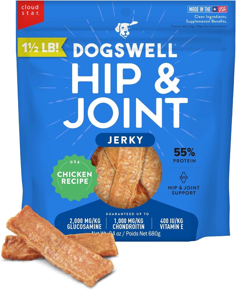 دوجسويل Dogswell Jerky Hip and Joint Dog Treats Grain Free Made in USA Only, Glucosamine and Chondroitin, 24 oz Chicken, 1.5 Pound (Pack of 1) - Image 1