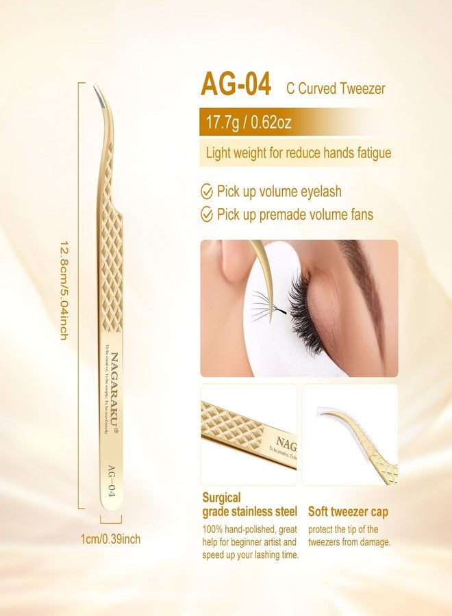 NAGARAKU Precision Fiber Tip Grip Tweezer for Eyelash Extensions Diamond Handle Anti-Static Anti-Slip Premium Gold Stainless Steel Eyelashes Tweezers Supplies with Box(C Curved Tip Tweezer AG-04) - Image 2