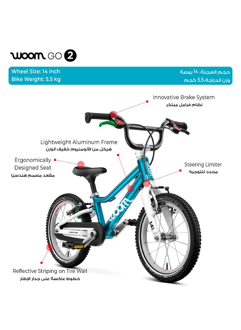 Woom GO 2 Kids Pedal Bike|14-Inch Lightweight Aluminum Bicycle for Ages 3-4.5 Years|Easy Transition from Balance Bike with Child-Specific V-Brakes & Safety Features - Image 2