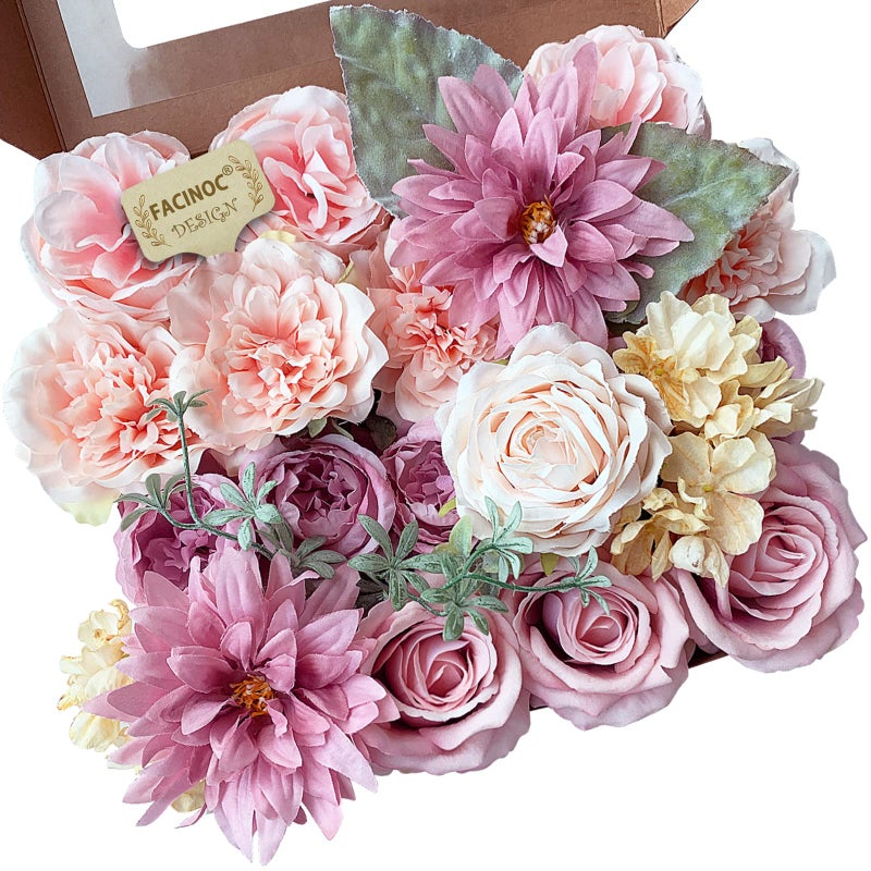 FACINOC Roses Artificial Flowers Pink Bouquets Box Set Fake Flower Bulk for DIY Wedding Bridal Baby Shower Decorations Party Table Centerpieces Silk Floral Arrangements for Home Decor Indoor