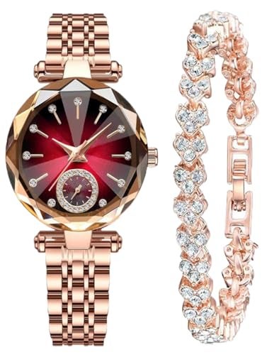Reginald Women Watches with Bracelet Rose Gold for Lady Elegant Stainless Steel Strap Fashion Analog Creative Diamond Dial Wrist Watch Red - Image 1