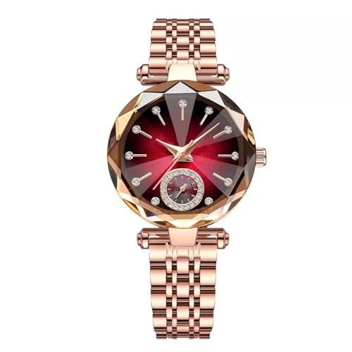Reginald Women Watches with Bracelet Rose Gold for Lady Elegant Stainless Steel Strap Fashion Analog Creative Diamond Dial Wrist Watch Red - Image 3