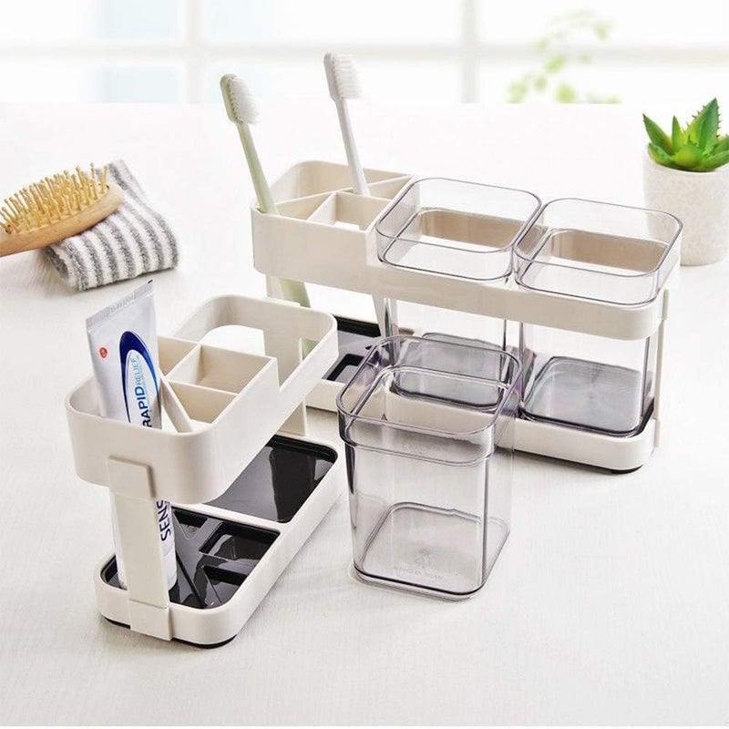 vulrian 2 Cups Toothbrush Toothpaste Stand Holder Storage Organizer White Pack of 1 - Image 3