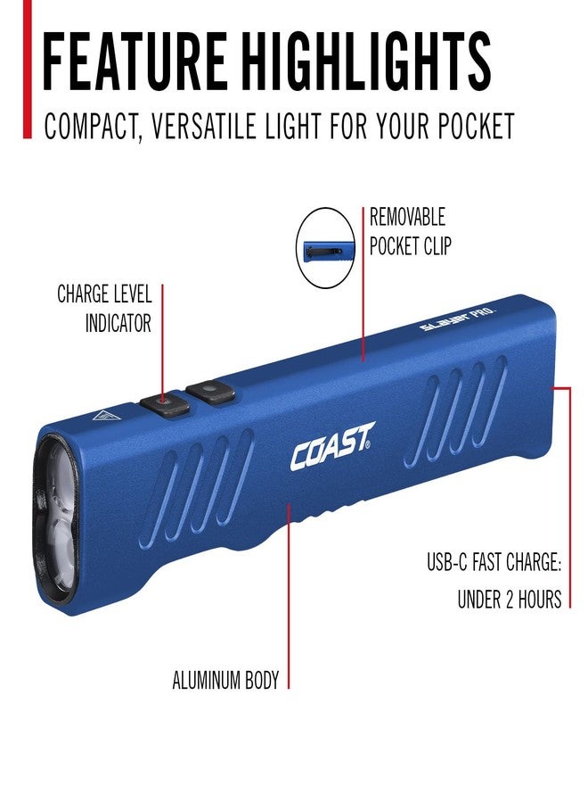 Coast Slayer 1150 Lumen USB-C Rechargeable LED Flashlight with Spot/Flood, Memory Mode and Pocket Clip, Blue - Image 3