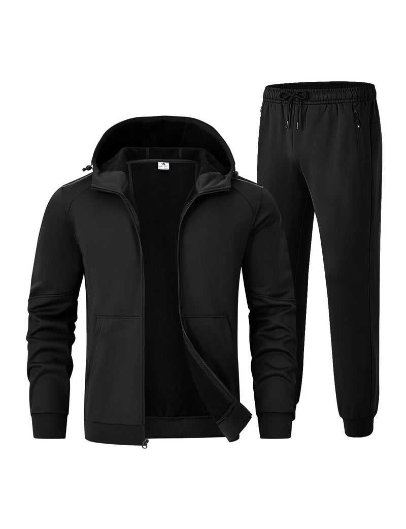 Rdruko Men's Fleece Sweat Track Suit Hooded Winter Warm Up Jogger Athletic Tracksuits Sweatsuits 2 Piece Set, Black, L - Image 1