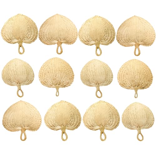 WRINGKIT 12 Pieces Natural Raffia Fans Handmade Wedding Raffia Fans Farmhouse Palm Leaf Hand Weaving Fan Boho Fans for Guest Wedding Favors Couple Summer Cooling Wall Decor