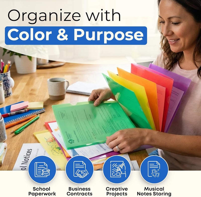 Dunwell Clear Plastic Folders for Documents (12 Pack, Assorted Colors) - Letter Size Plastic File Folder Sleeves 8.5x11 - Durable & Tear-Resistant Poly Document Folder Jackets for School Office & Home - Image 5