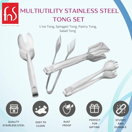 FNS International Pvt Ltd - Stainless Steel, Multi-Use Style - Tongs for Ice, Pastry, Salad and Spaghetti, Set of 4 Units, Silver Color – Ideal for Serving and Food Preparation Use - Image 2