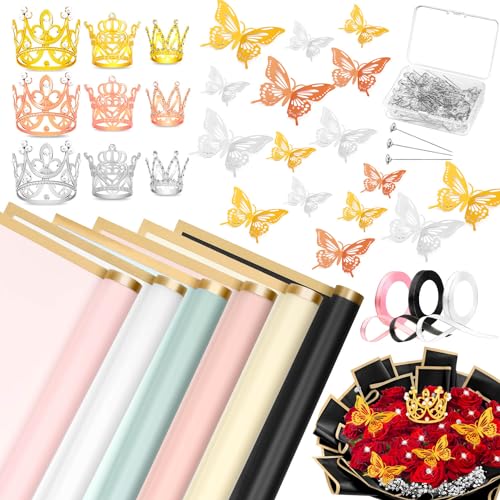 cridoz 208Pcs Flower Bouquet Accessories 60 Floral Wrapping Paper 9 Gold Crowns 36 Butterfly Decorations 100 Flower Pins and 3 Ribbons for Bouquets Florist Supplies - Image 1