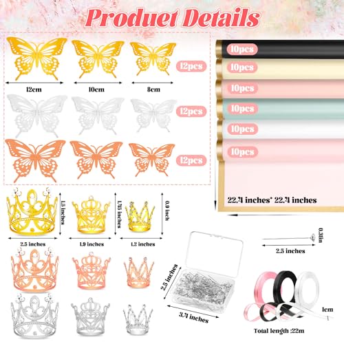 cridoz 208Pcs Flower Bouquet Accessories 60 Floral Wrapping Paper 9 Gold Crowns 36 Butterfly Decorations 100 Flower Pins and 3 Ribbons for Bouquets Florist Supplies - Image 3
