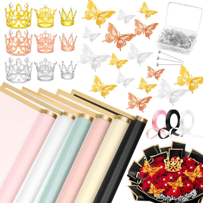 cridoz 208Pcs Flower Bouquet Accessories 60 Floral Wrapping Paper 9 Gold Crowns 36 Butterfly Decorations 100 Flower Pins and 3 Ribbons for Bouquets Florist Supplies - Image 2