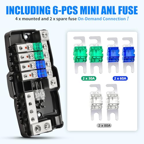 Bolipoeq 12V Fused Power Distribution Block Car Audio 4 Way MIDI (Mini-ANL) Fuse Block with Ground, 0/2/4 Gauge in 4/6/8 Gauge Out Distribution Block for Automotive Car Marine Boat Solar Panel - Image 4