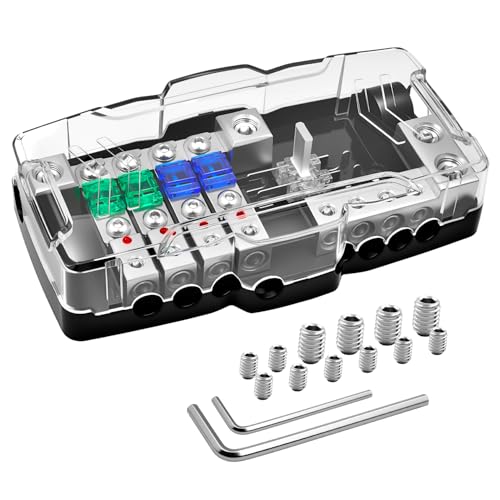 Bolipoeq 12V Fused Power Distribution Block Car Audio 4 Way MIDI (Mini-ANL) Fuse Block with Ground, 0/2/4 Gauge in 4/6/8 Gauge Out Distribution Block for Automotive Car Marine Boat Solar Panel - Image 1