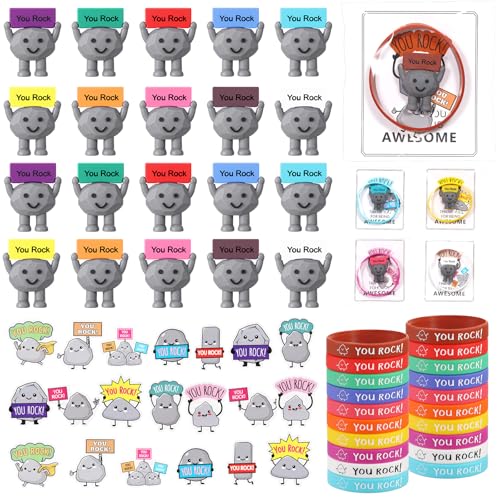 Gejoy 20 Set Employee Appreciation Gift Bulk for Coworkers You Rock Valentine Gifts Including Mini Figurines Positive Cards Silicone Bracelet Stickers Bag Inspirational Hank You Gifts for Teacher - Image 1
