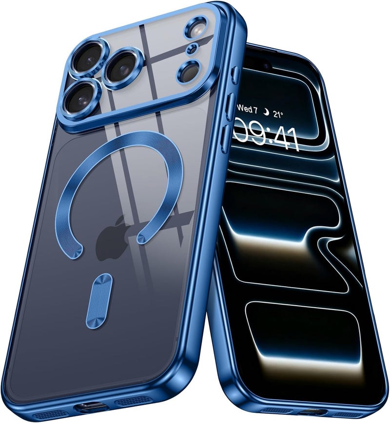VONZEE Electroplating Transparent Clear Logo Back Cover TPU Compatible with iPhone 17 Pro Case, Compatible with Magsafe, Full Body & Individual Camera Protection for Each Lens for Men & Women (Blue) - Image 1