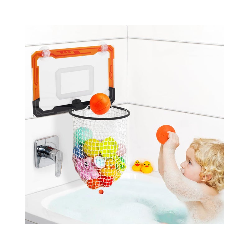 QPJ Baby Bath Toy Storage Organizer, Large Opening Mesh Bathtub Toy Storage for Tub, Bath Toy Holder for Quick Release of Toys for Bathroom, Basketball Hoop Design with Fun Bonus - Image 1