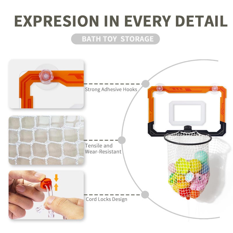 QPJ Baby Bath Toy Storage Organizer, Large Opening Mesh Bathtub Toy Storage for Tub, Bath Toy Holder for Quick Release of Toys for Bathroom, Basketball Hoop Design with Fun Bonus - Image 3