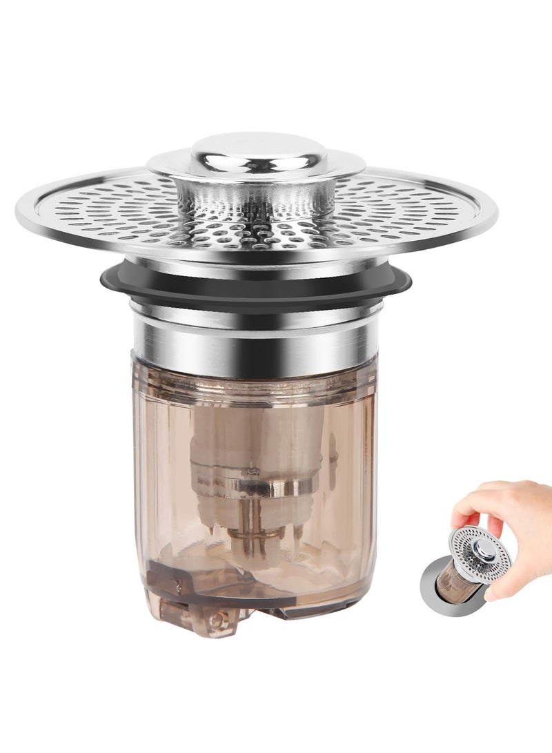 سيوسي Press Type Sink Stopper, Bathroom Sink Stopper and Sink Drain Strainer 2 in 1 Catches Hair and Debris Suitable for 1.34-1.46'' Drainage Holes, Easy to Install Say Goodbye to Clogged Drain (Silver) - Image 1