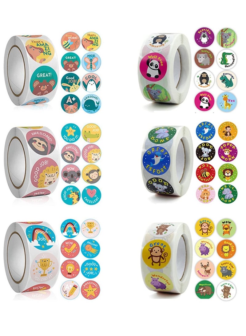 SYOSI Teacher Reward Motivational Stickers, 3000 PCS Cartoon Animals Stickers Fun Stickers Reward Stickers for Teacher Encourage Student Round Reward Sticker for Kid (1 Inch, 6 Rolls, 500 Labels/Roll) - Image 1