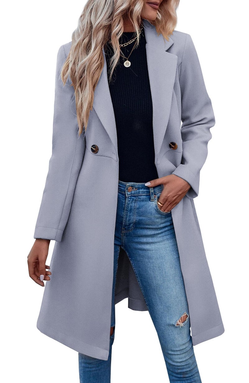 Fazortev Womens Pea Trench Coats Notched Lapel Double Breasted Belted Business Casual Jackets Outerwear - Image 1