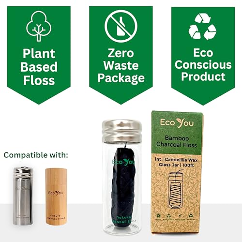 EcoYou Charcoal Bamboo Floss | 1 Non Toxic Natural Floss Refill with Glass Container | Organic Mint & Candelilla Wax | Vegan & Biodegradable | Compatible with Similar Size Dental Silk Containers - Image 2