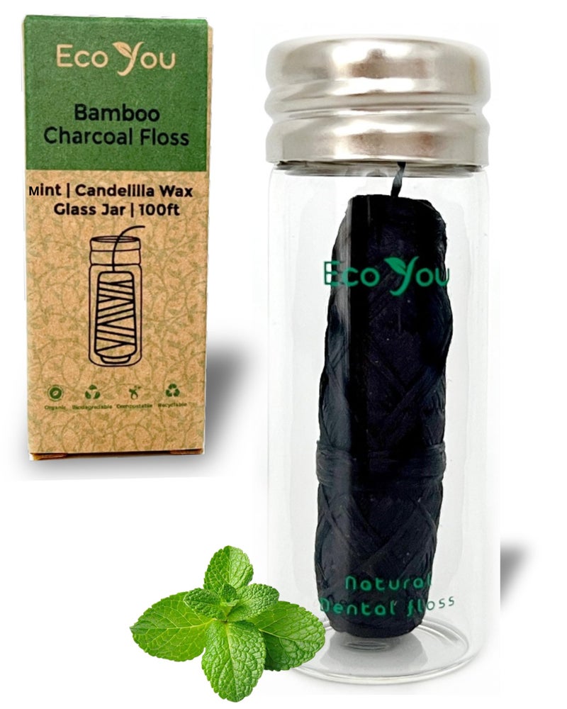 EcoYou Charcoal Bamboo Floss | 1 Non Toxic Natural Floss Refill with Glass Container | Organic Mint & Candelilla Wax | Vegan & Biodegradable | Compatible with Similar Size Dental Silk Containers - Image 1