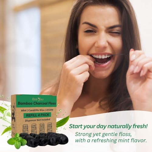 EcoYou Charcoal Bamboo Floss | 1 Non Toxic Natural Floss Refill with Glass Container | Organic Mint & Candelilla Wax | Vegan & Biodegradable | Compatible with Similar Size Dental Silk Containers - Image 4