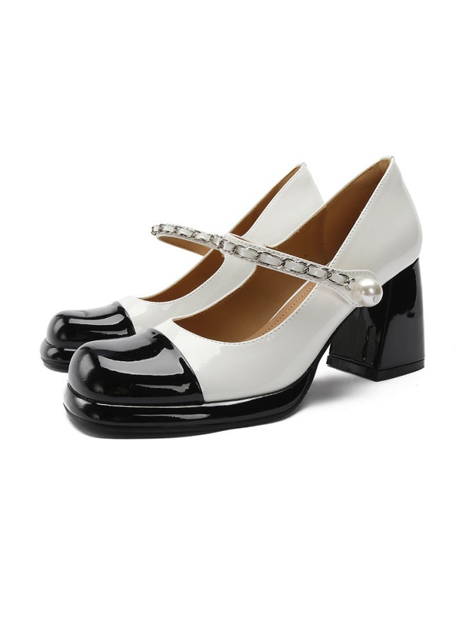 Teahoo Mary Jane Shoes Spring Black And White Color Block Thick Heel Jk Women's Shoes Metal Chain Girl High Heels