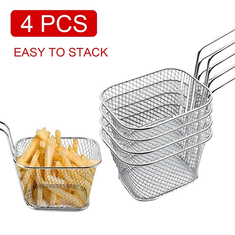 Odowalker 4 Pcs Mini Square Fry Baskets, 4.13×3.3×2.5inch Stainless Steel Fry Basket with Handle Steel French Fry Chip Basket French Fries Desk Food Presentation Mesh Basket Kitchen Cooking Tool - Image 4