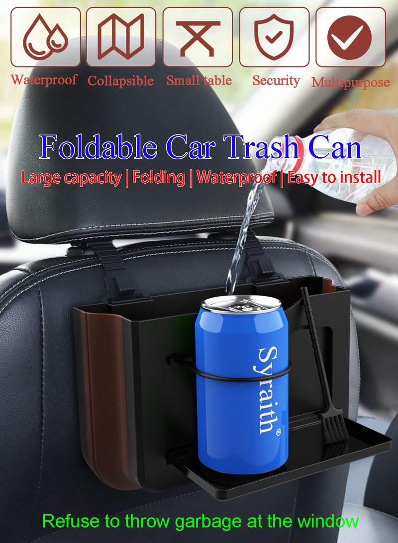 Syraith Car Trash Can, Foldable Hanging Car Organizer, Waterproof Car Garbage Can with Folding Table Top. Rigid Car Trash Bag for Car Seat Backs, Side Doors and Armrest Bins, Send Cleaning Brush - Image 2