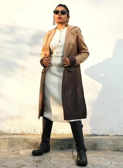 Campus Sutra Women's Brown Ombre Long Coat With Flap Pocket For Casual Wear | Lapel Collar  | Long Sleeve | Pull On Closure | Suede Coat Crafted With Comfort Fit For Everyday Wear | Brown