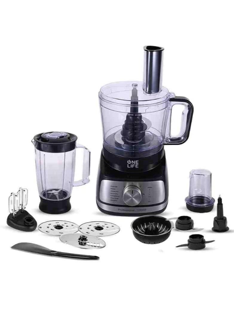 ONE LIFE - Food processor 1000 W Bowl 2 Liter BPA Blender 1.5 Liter with Mill FP1001BS Stainless Black - Image 1