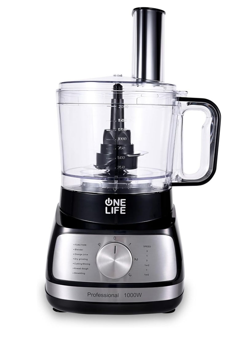 ONE LIFE - Food processor 1000 W Bowl 2 Liter BPA Blender 1.5 Liter with Mill FP1001BS Stainless Black - Image 1