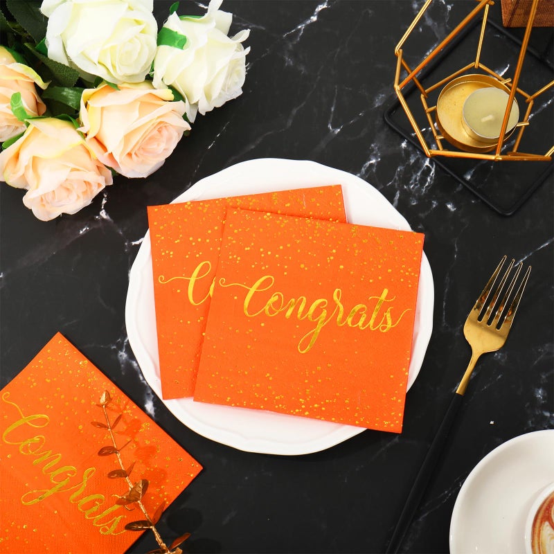 Whaline 80Pcs Congratulation Paper Napkin Gold Foil Congrats Cocktail Napkin Orange Graduation Disposable Beverage Napkins for Engagement Baby Shower Celebration Party - Image 4