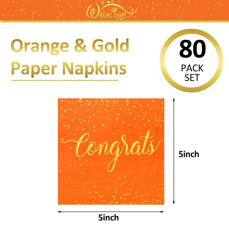 Whaline 80Pcs Congratulation Paper Napkin Gold Foil Congrats Cocktail Napkin Orange Graduation Disposable Beverage Napkins for Engagement Baby Shower Celebration Party - Image 1