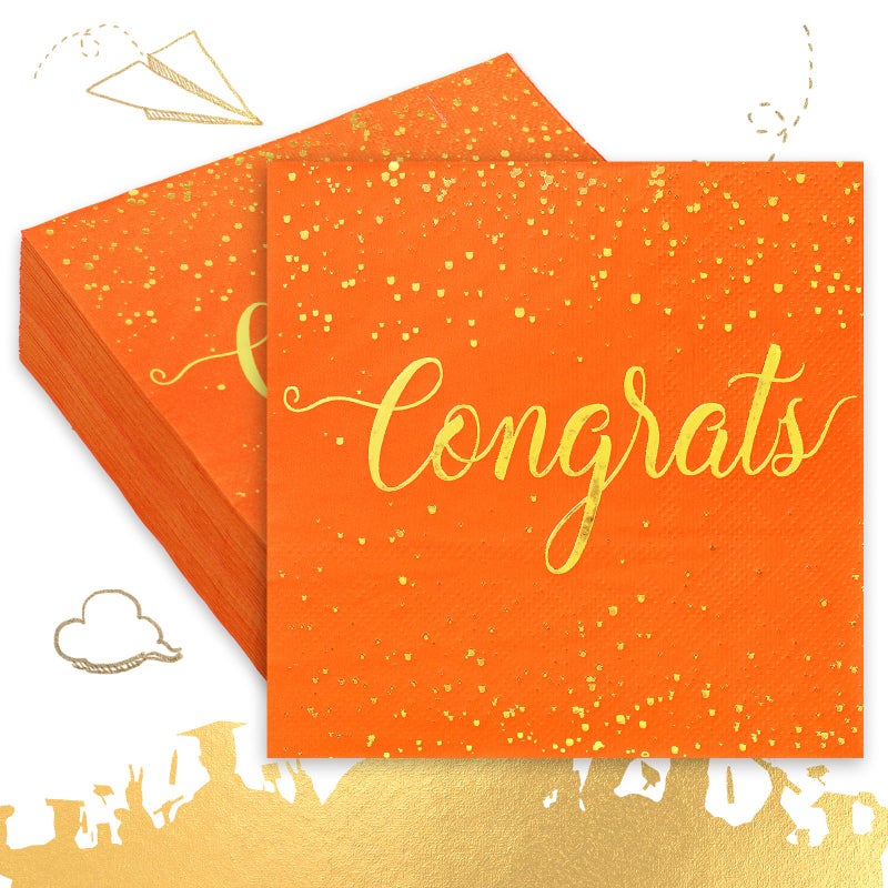 Whaline 80Pcs Congratulation Paper Napkin Gold Foil Congrats Cocktail Napkin Orange Graduation Disposable Beverage Napkins for Engagement Baby Shower Celebration Party - Image 2