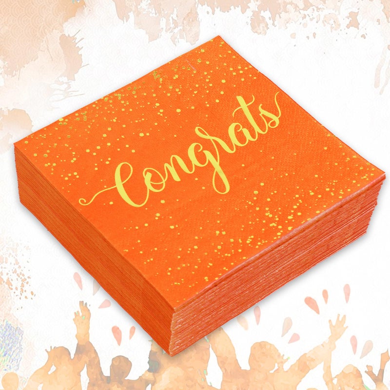Whaline 80Pcs Congratulation Paper Napkin Gold Foil Congrats Cocktail Napkin Orange Graduation Disposable Beverage Napkins for Engagement Baby Shower Celebration Party - Image 3