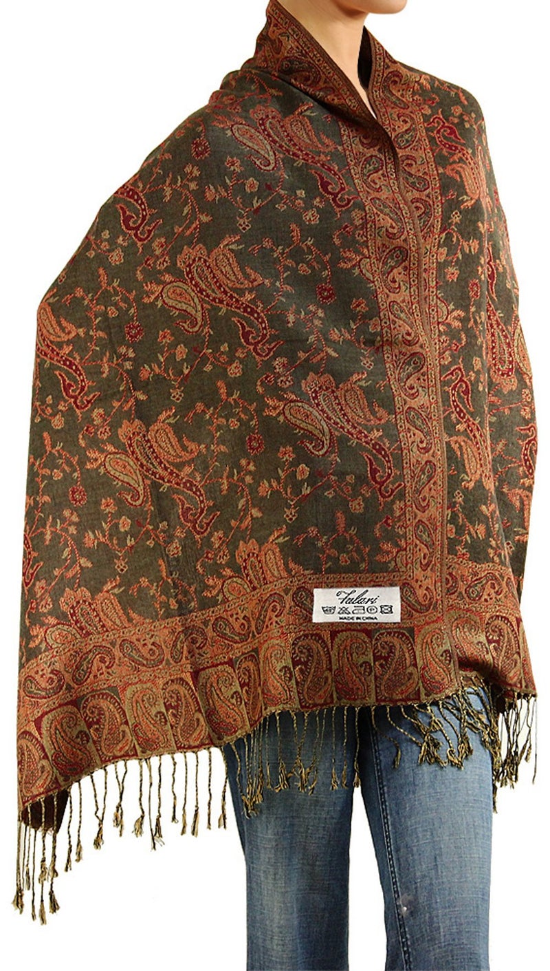 Falari Women's Woven Paisley Pashmina Shawl Wrap Scarf 80" x 27" (Style 1 - Dark Grey) - Image 1