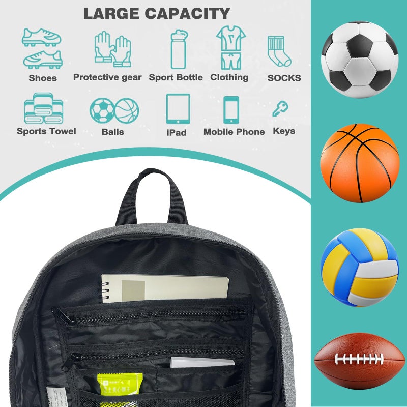 WOLT | Youth Soccer Bag, Soccer Backpack, Basketball Backpack with Cleat Shoe and Ball Compartments Sports Backpack for Volleyball Football for Men Women (Grey) - Image 4