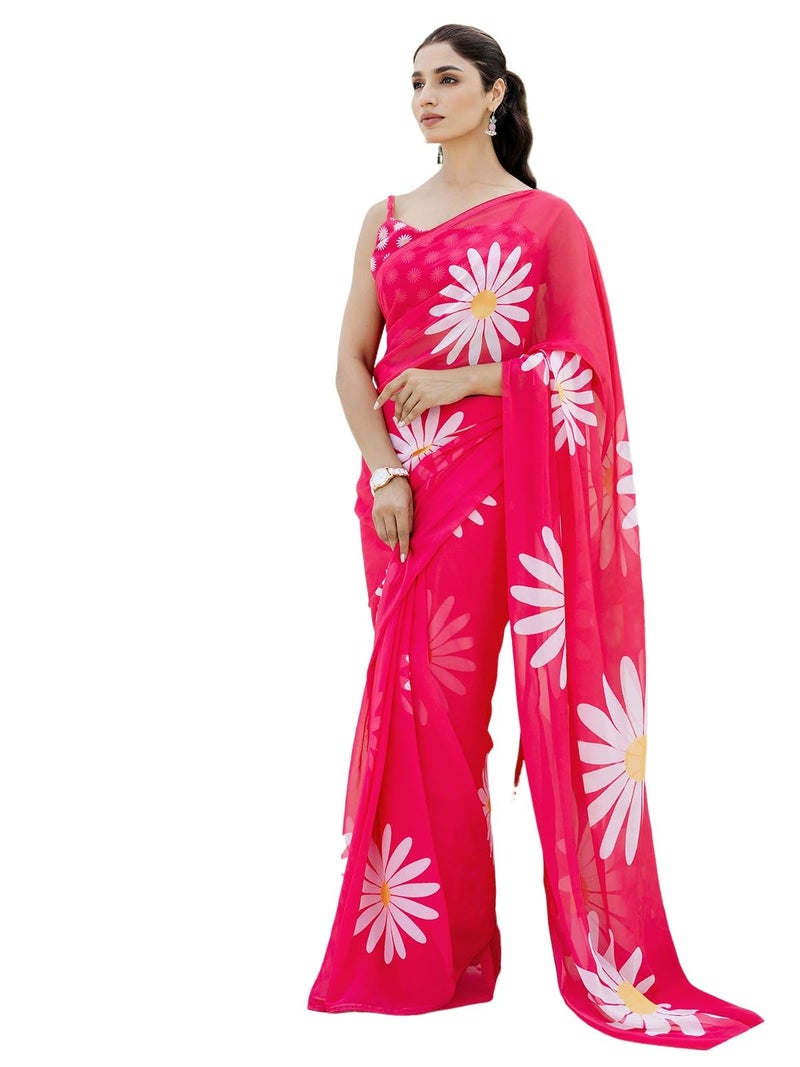 Satrani Women's Georgette Floral Printed Ready To Wear One Minute Pre Stitched Saree with Unstitched Blouse Piece (57RS103N_Pink) - Image 1