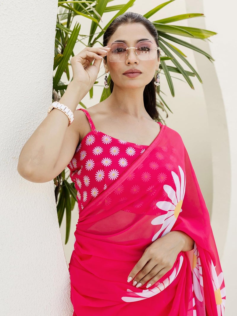 Satrani Women's Georgette Floral Printed Ready To Wear One Minute Pre Stitched Saree with Unstitched Blouse Piece (57RS103N_Pink) - Image 4