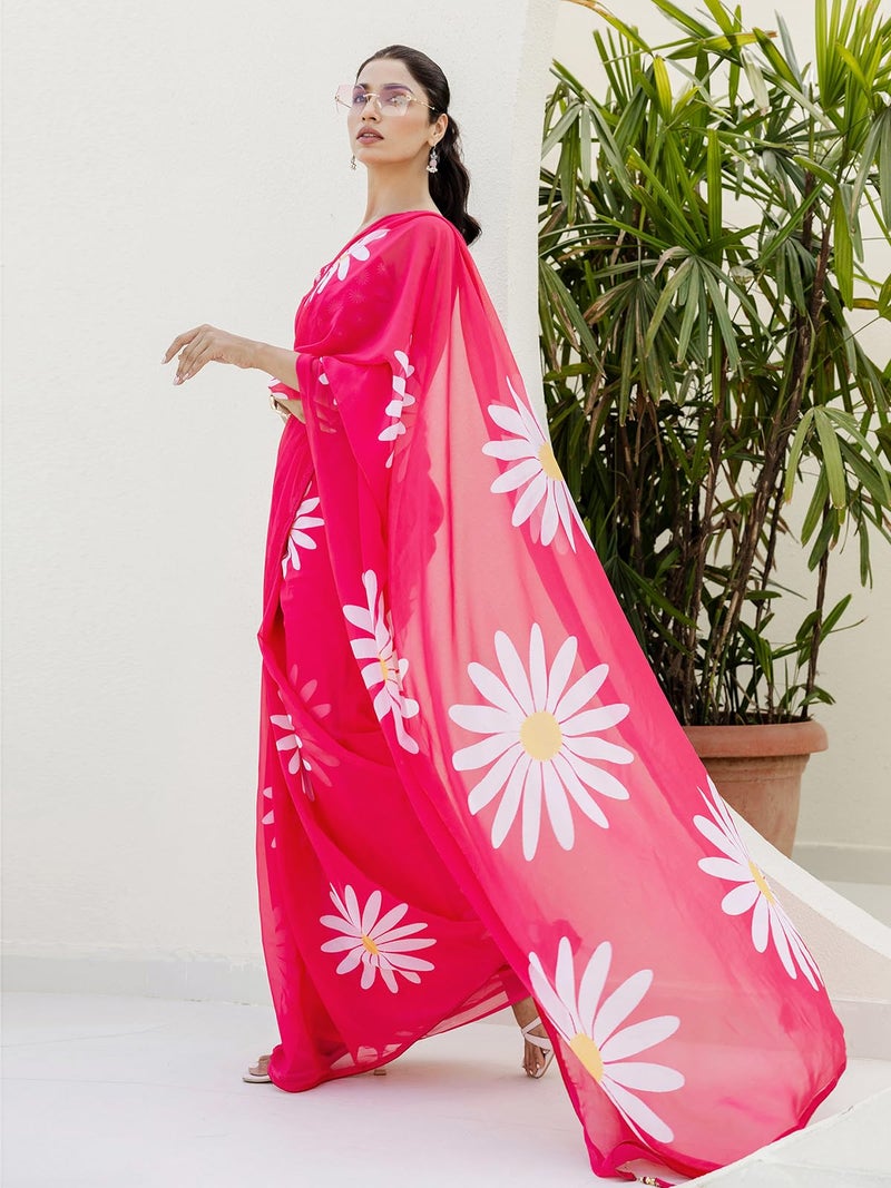 Satrani Women's Georgette Floral Printed Ready To Wear One Minute Pre Stitched Saree with Unstitched Blouse Piece (57RS103N_Pink) - Image 2