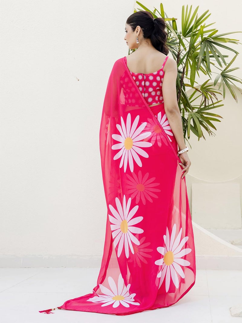 Satrani Women's Georgette Floral Printed Ready To Wear One Minute Pre Stitched Saree with Unstitched Blouse Piece (57RS103N_Pink) - Image 3