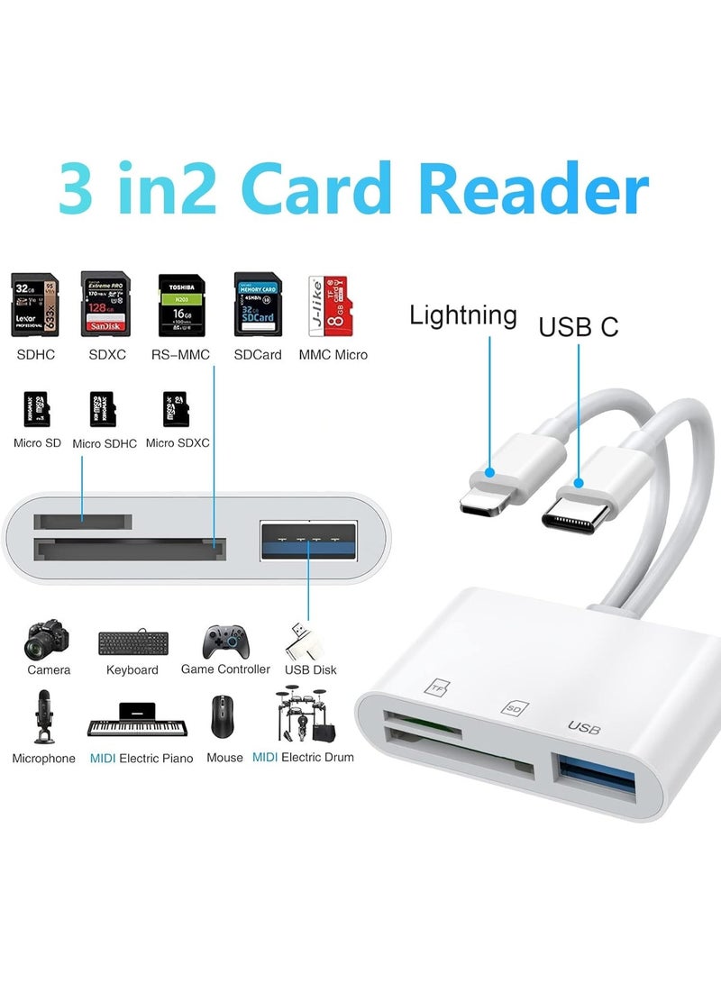 SD Card Reader for iPhone iPad Mac, Lightning & USB-C Dual Connectors Memory Card Reader with SD/Micro SD/USB-A 3 Slots, Digital Camera Adapter to iPhone, Plug & Play - Image 2
